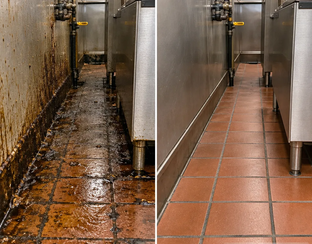 Before-and-after comparison showing grease removed from a cookline floor perimeter and restored grout lines