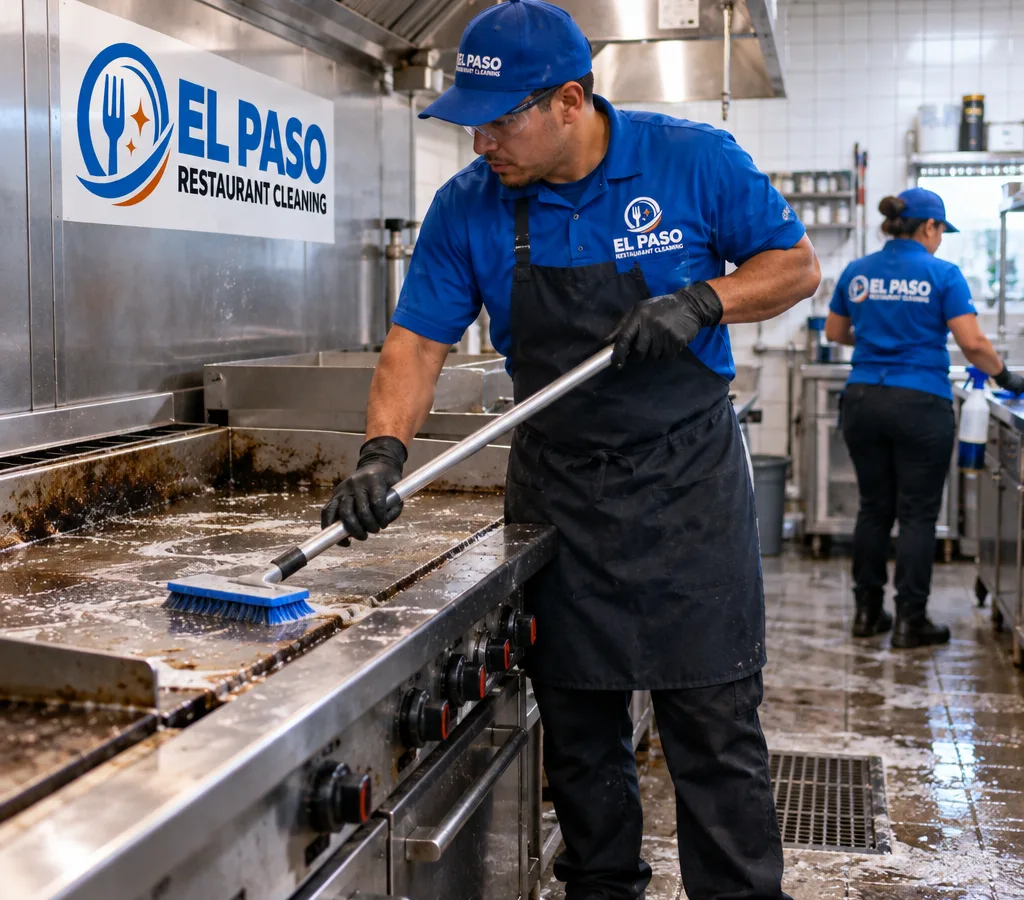 Professional cleaners in PPE degreasing a busy restaurant cookline with stainless equipment, floor drains, and tile walls