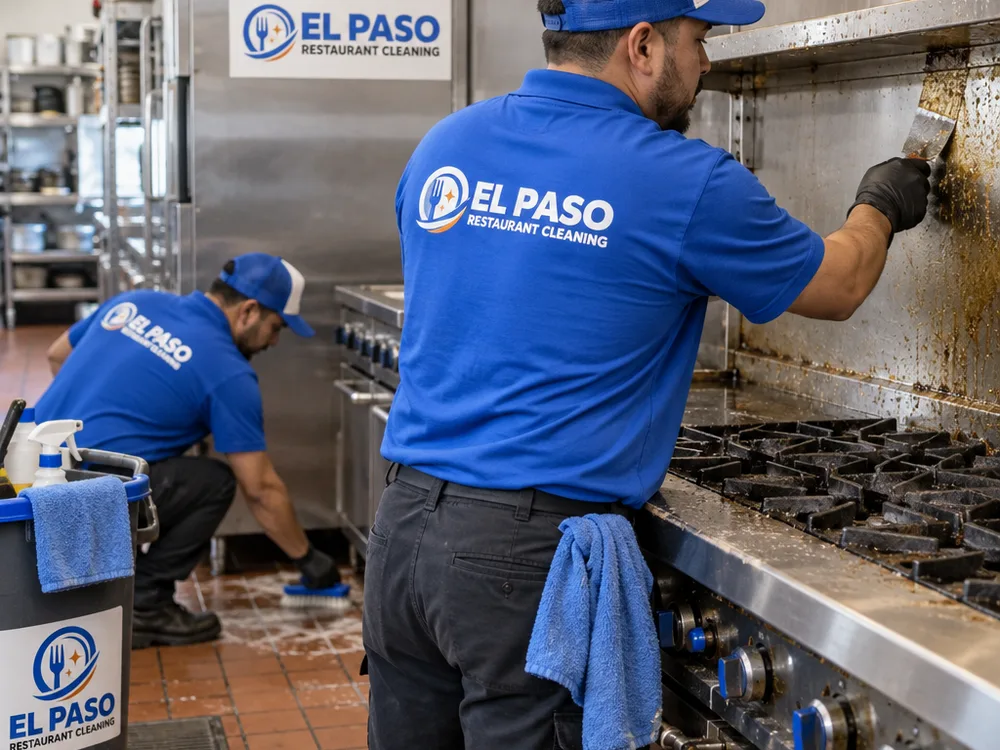 Cleaner scraping and degreasing a commercial range while another technician scrubs behind the cookline