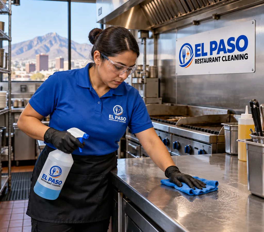 Professional cleaner wiping stainless prep surfaces and degreasing a restaurant cookline