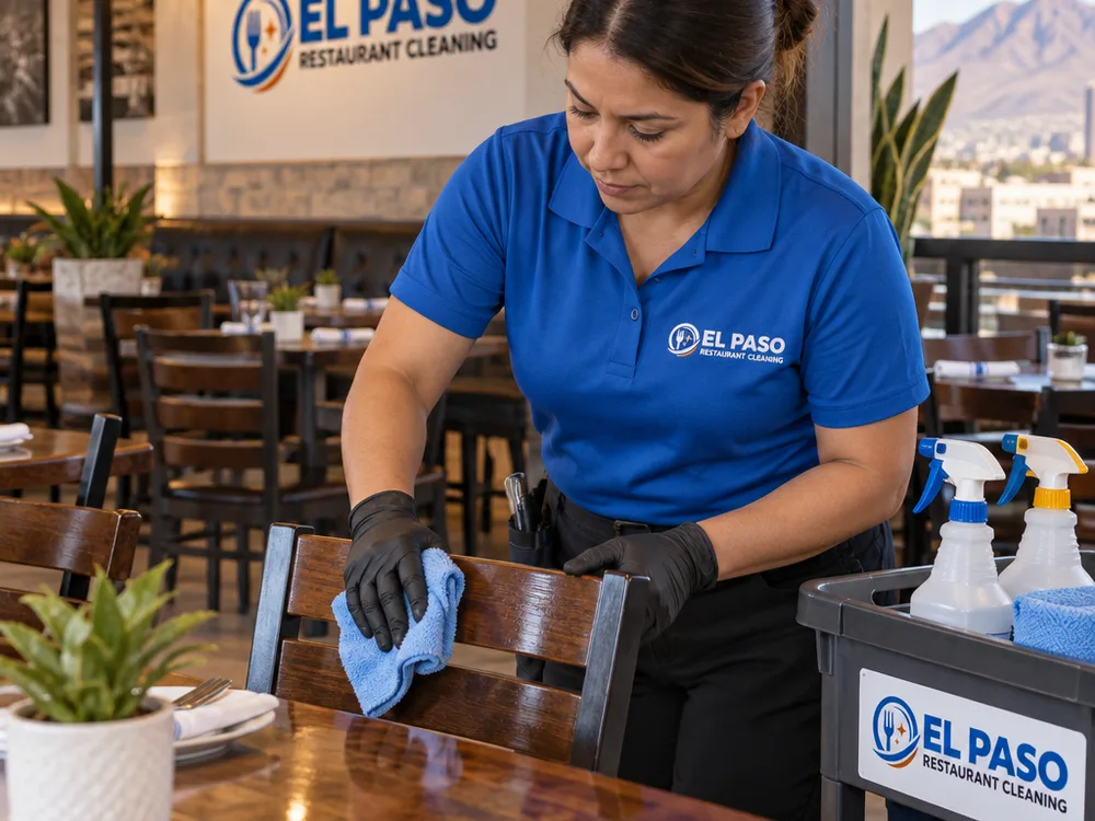 Cleaner detailing restaurant chair backs and table edges with labeled disinfectants