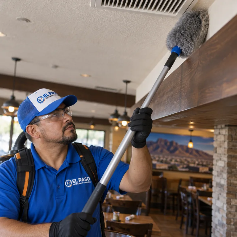High dusting on a restaurant dining area ledge and ceiling vent perimeter using appropriate tools to capture dust rather than spread it