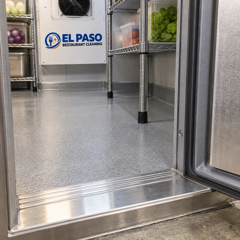 Walk-in cooler floor and threshold after cleaning, showing clean corners, shelving legs, and door gasket area without standing water