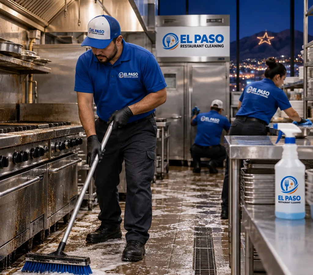 Professional cleaners performing a detailed commercial kitchen deep clean in an active El Paso restaurant after hours, including stainless surfaces, floor edges, and equipment fronts