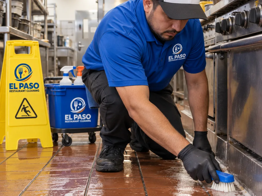Technician degreasing commercial kitchen floor edges and grout near a cook line, with wet-floor signage and cleaning tools staged safely