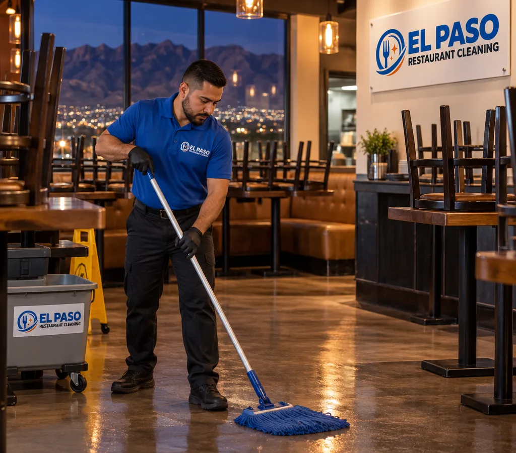After-hours restaurant front-of-house cleaning with a technician mopping a staged dining room floor
