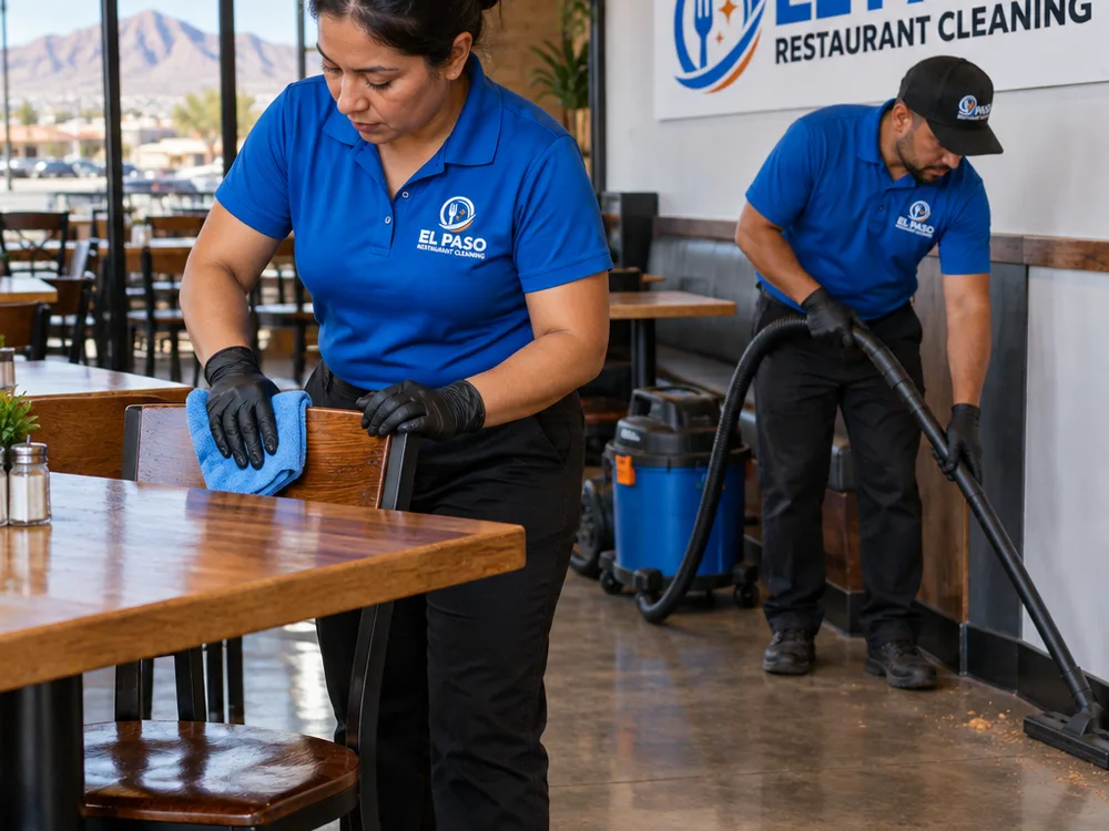 Technicians detail-cleaning chair backs, table bases, baseboards, and dining-room corners