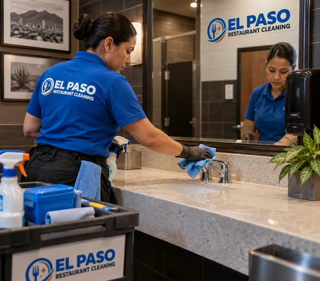 Cleaner disinfecting and detailing a restaurant restroom sink, faucet, mirror, handles, and dispensers after closing
