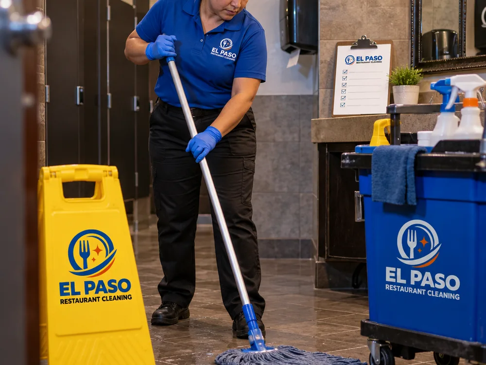 Cleaner mopping a restaurant restroom floor after hours with wet-floor signage and a checklist clipboard nearby