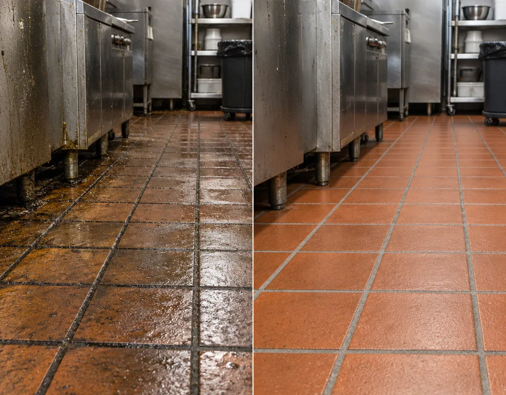 Before-and-after comparison of greasy quarry tile and restored grout near a restaurant fryer line