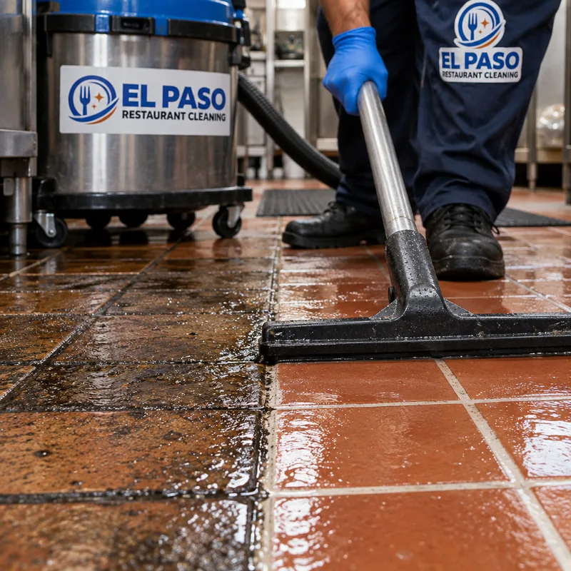 Close-up of greasy quarry tile and grout being scrubbed and recovered with a wet-vac squeegee