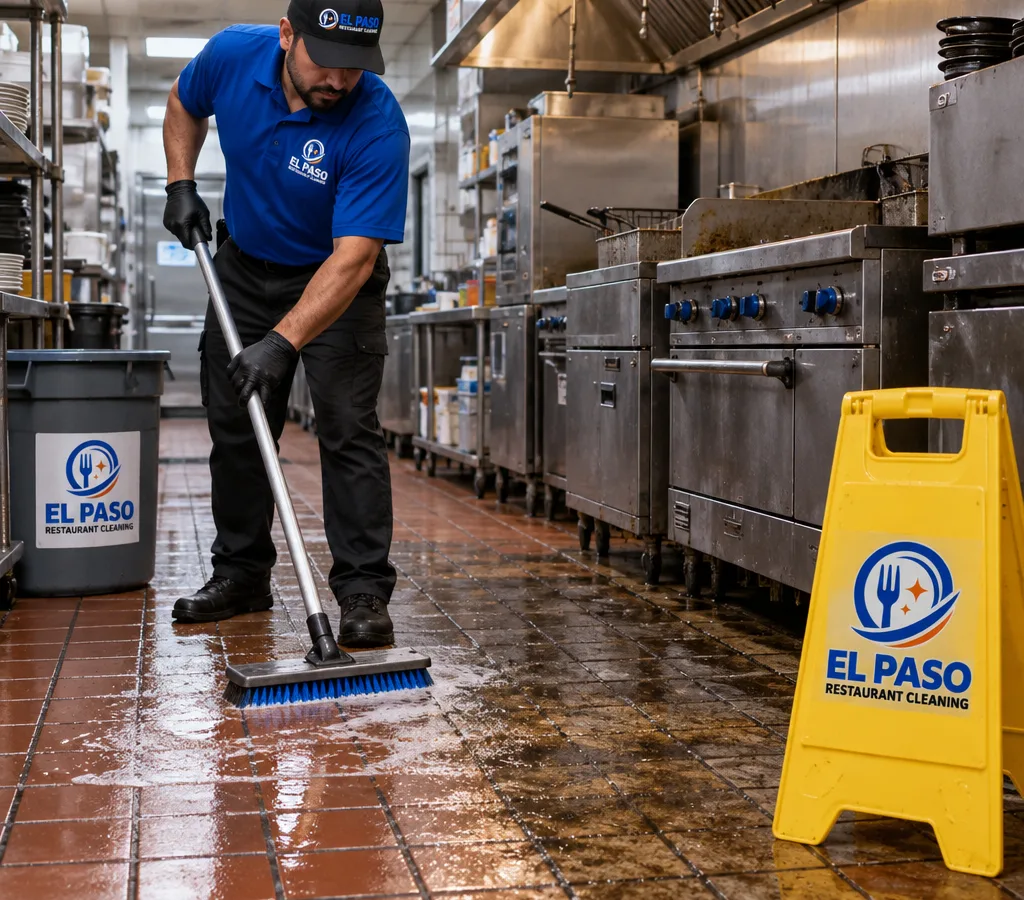 Technician scrubbing a greasy quarry-tile restaurant floor after hours near a commercial cook line