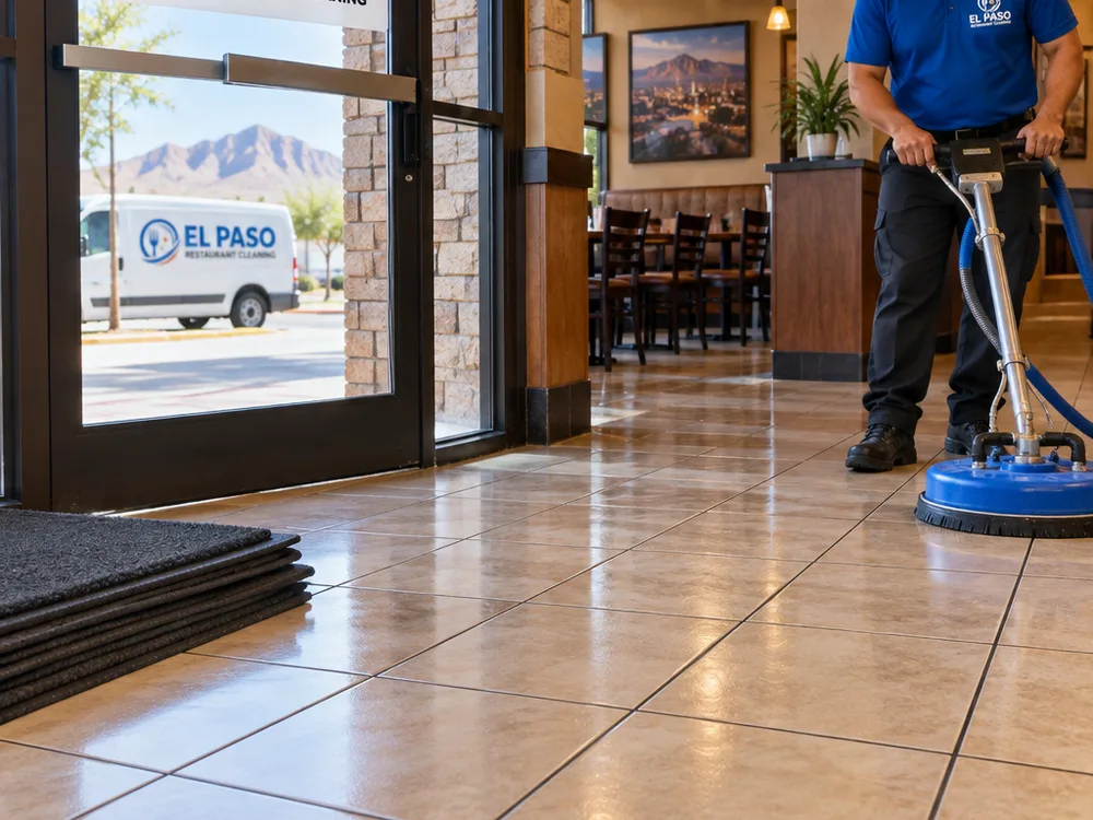 Freshly cleaned restaurant entry tile and grout with floor mats staged for replacement