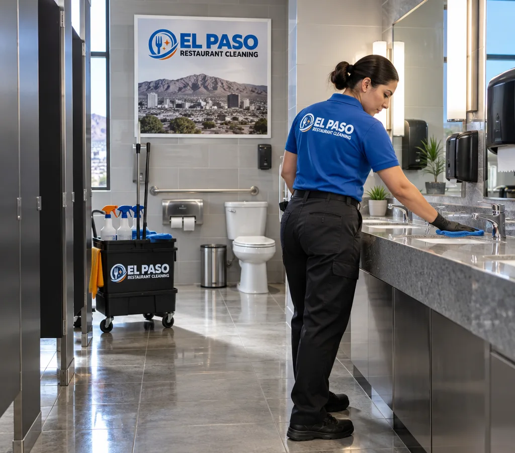Spotless commercial restaurant restroom with sanitized fixtures, stocked dispensers, clean mirrors, and a dry floor