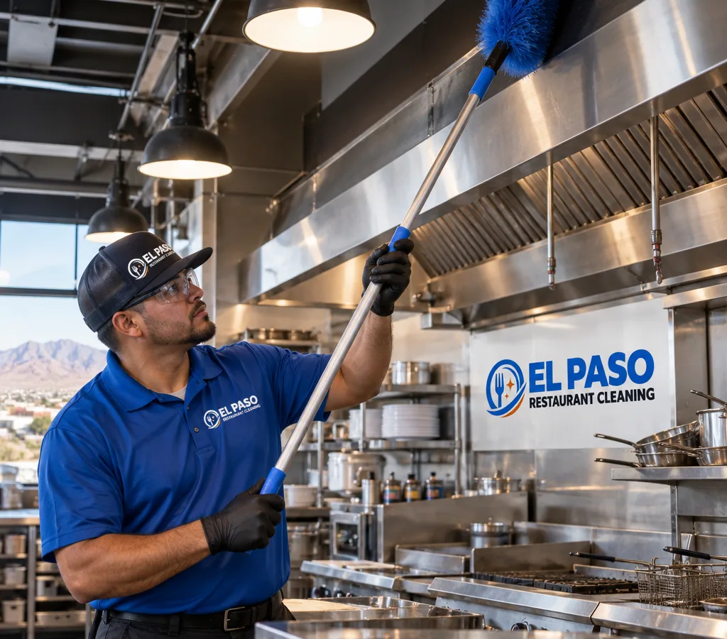 Technician performing high dusting above a commercial cook line, reaching ceiling areas, beams, and light fixtures in a restaurant kitchen setting