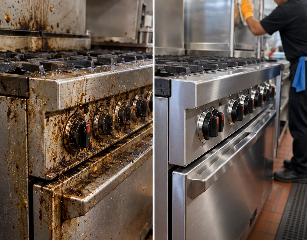 Before-and-after comparison of a commercial range showing baked-on grease removed from knobs, edges, seams, and stainless surfaces