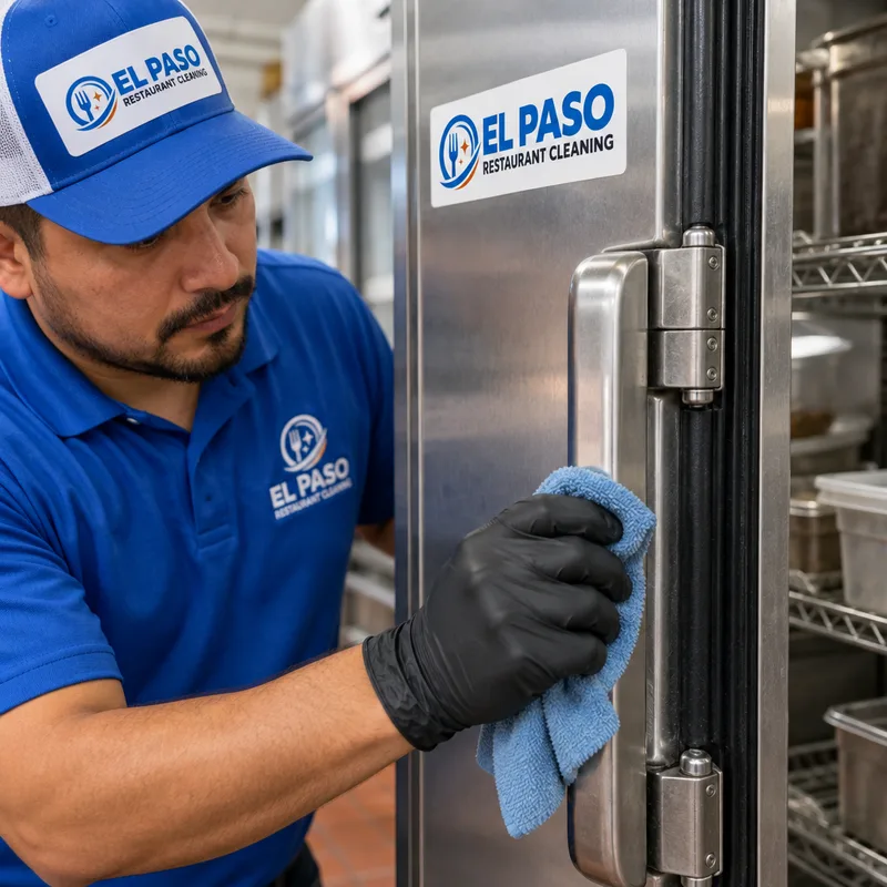 Cleaned refrigeration door handle and gasket area with grime removed from hinges and high-touch points
