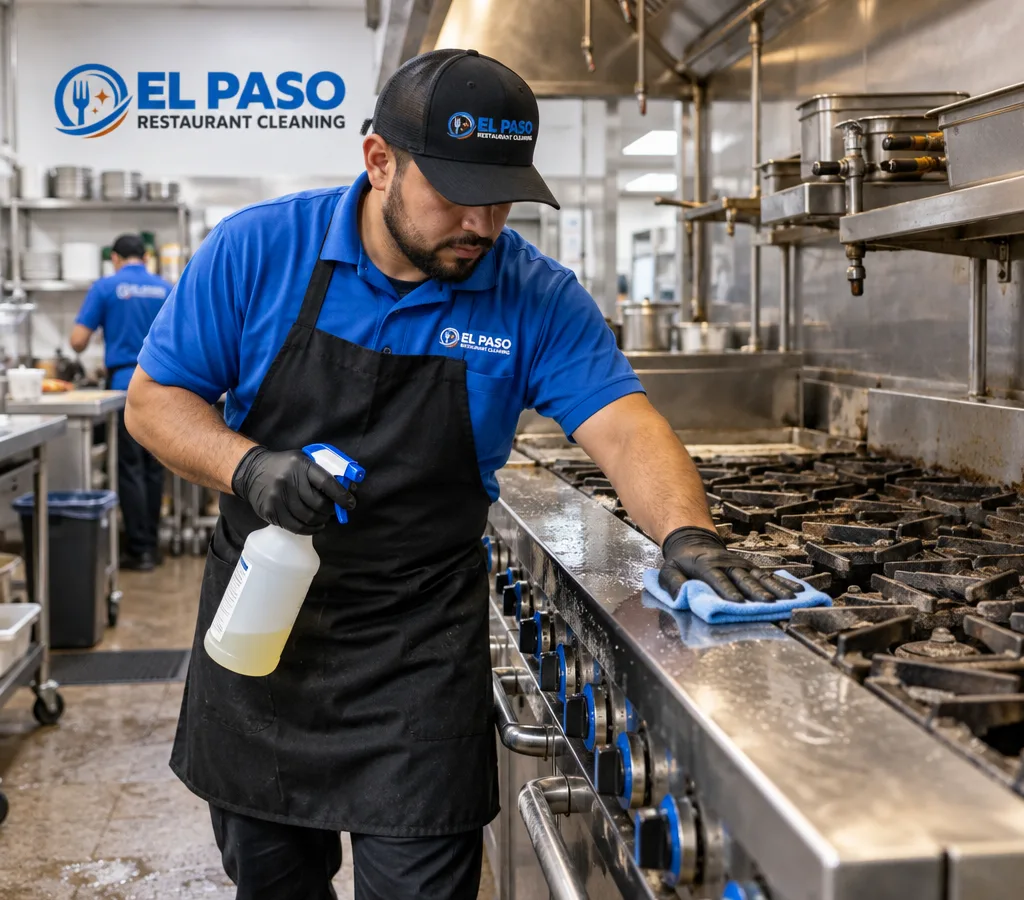 Technician cleaning a commercial range line in a working restaurant kitchen, wiping stainless surfaces and detailing around burners and knobs
