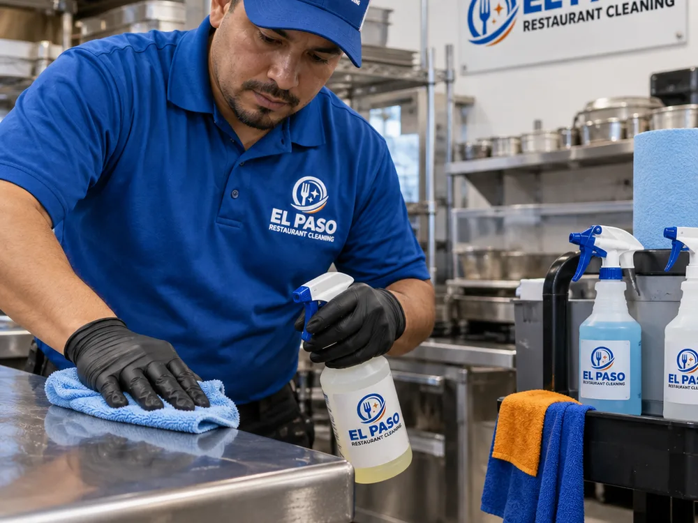 Hands detailing a commercial stainless prep table edge and corner seam with food-safe degreaser and a microfiber cloth