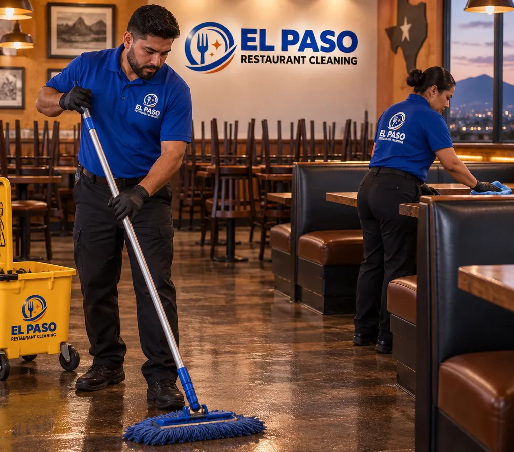 After-hours commercial restaurant cleaning in a San Elizario dining room with one cleaner mopping and another wiping tables and booths