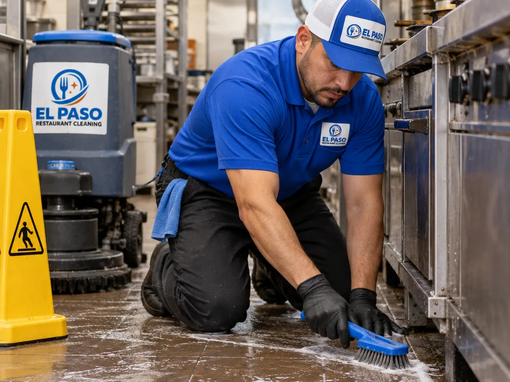 Technician in PPE scrubbing and degreasing a commercial kitchen floor beside a cookline, floor scrubber, and caution cone