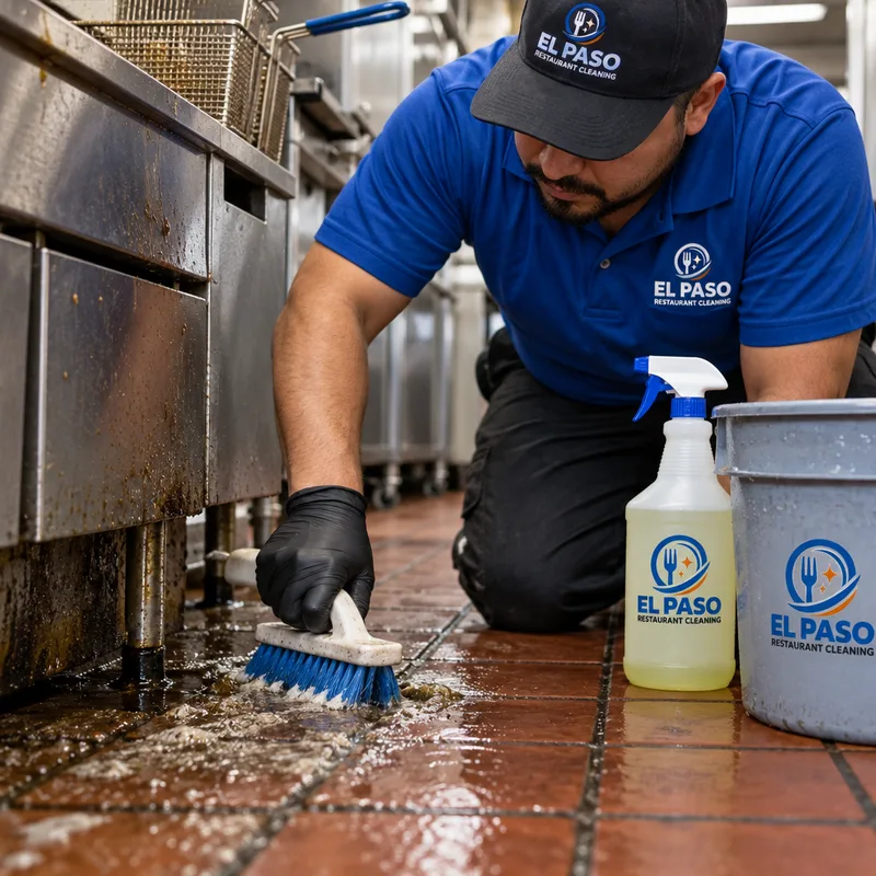 Technician hand-scrubbing greasy quarry tile grout behind a fryer line with a deck brush and labeled degreaser