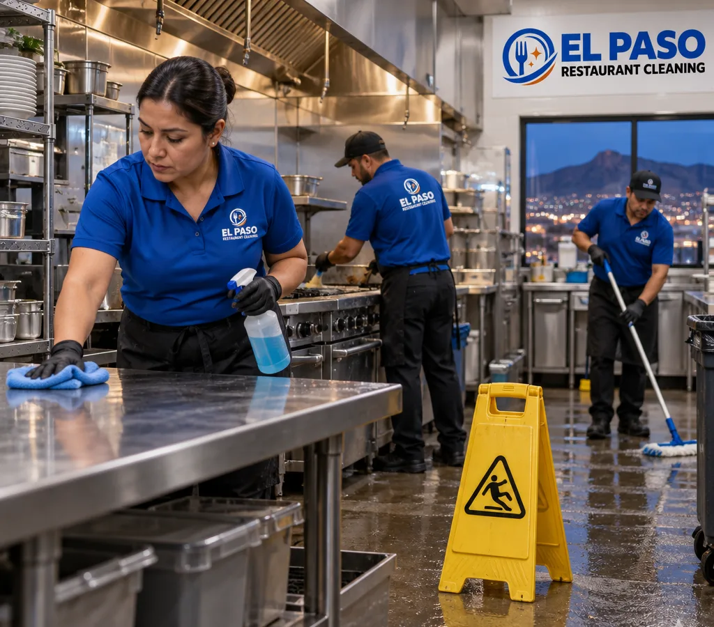 After-hours restaurant crew cleaning a commercial kitchen line, stainless prep tables, cookline, and slip-resistant floor