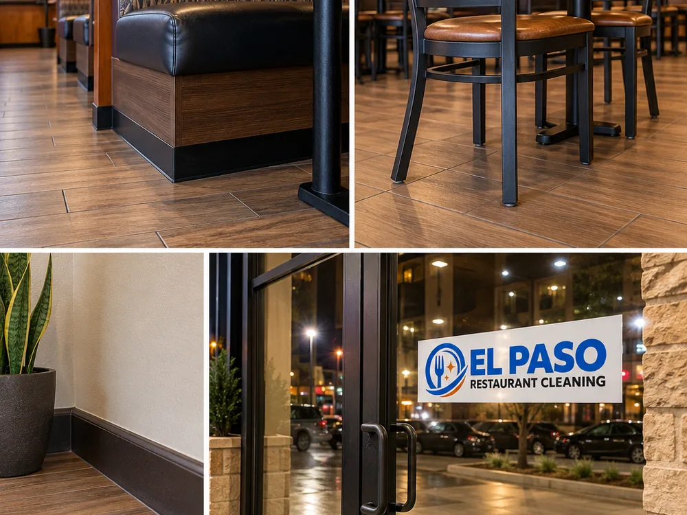 Detailed dining room with cleaned booth bases, chair legs, baseboard corners, and entry glass