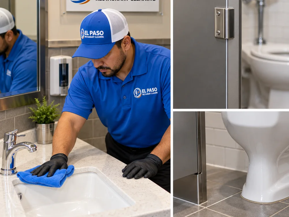 Detailed restaurant restroom with sanitized sink, cleaned partition edges, and scrubbed floor grout