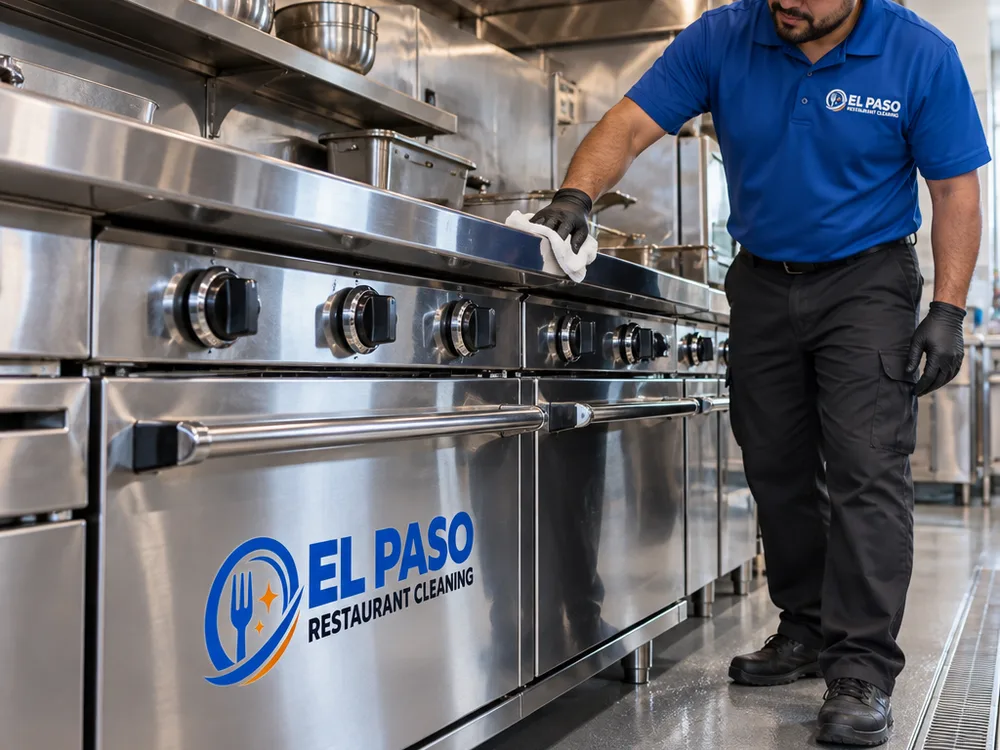 Cleaned stainless cookline exterior with wiped handles and detailed floor edge