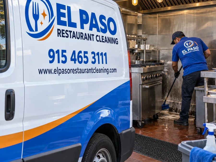 Technician cleaning the wall, splash zone, and floor-adjacent buildup behind safely repositioned cook line equipment