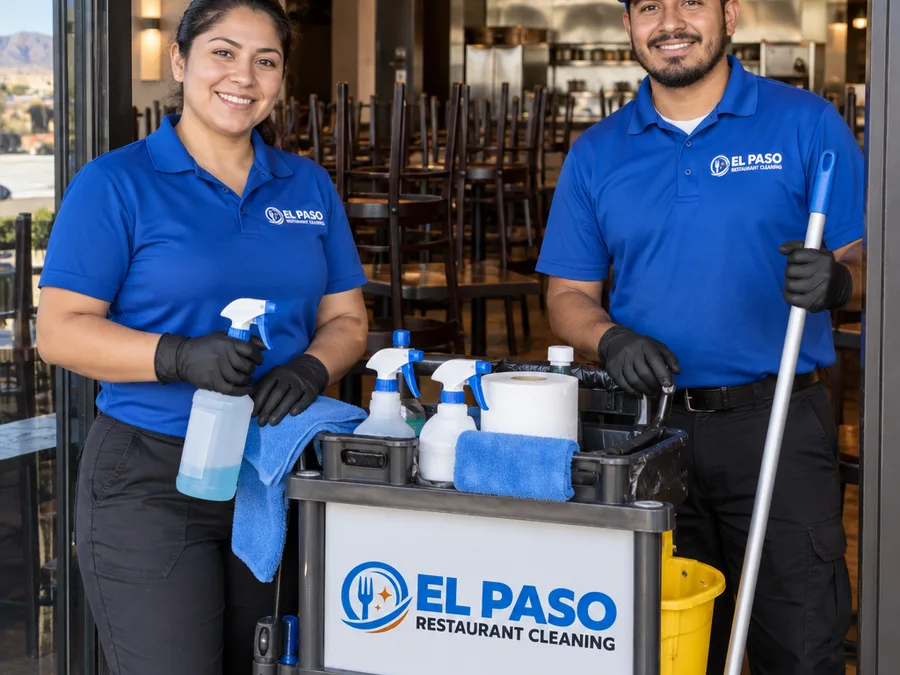Two uniformed restaurant cleaners with labeled cart and PPE ready to begin after-hours cleaning
