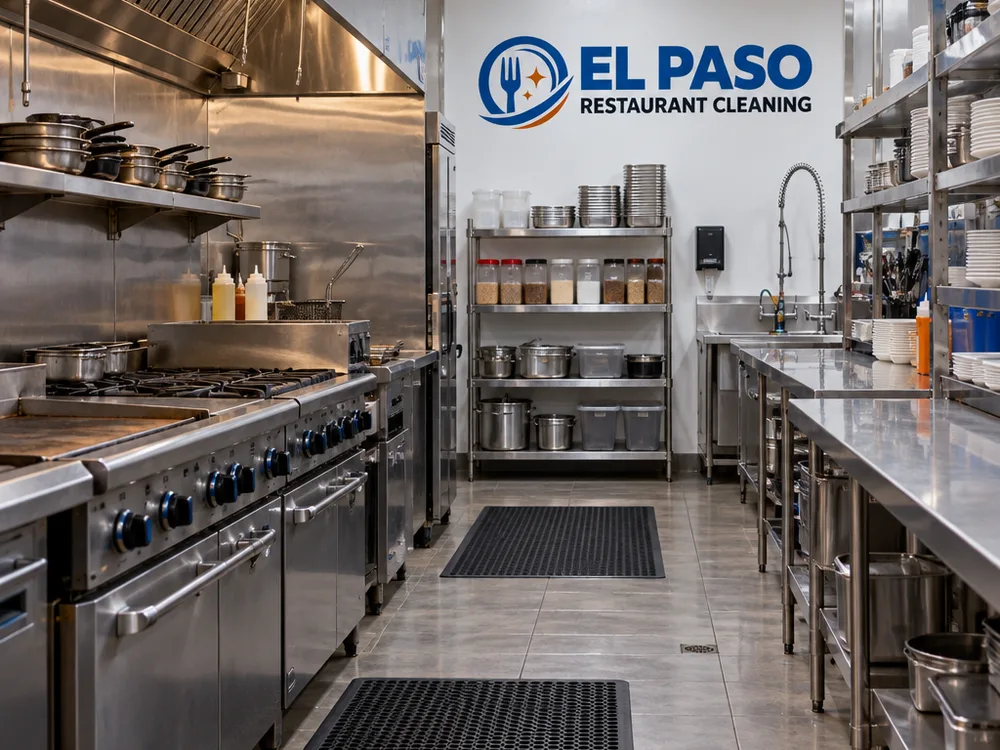 Back-of-house prep area during a deep clean with tools organized, wet-floor sign placed, and surfaces being degreased in a controlled zone plan